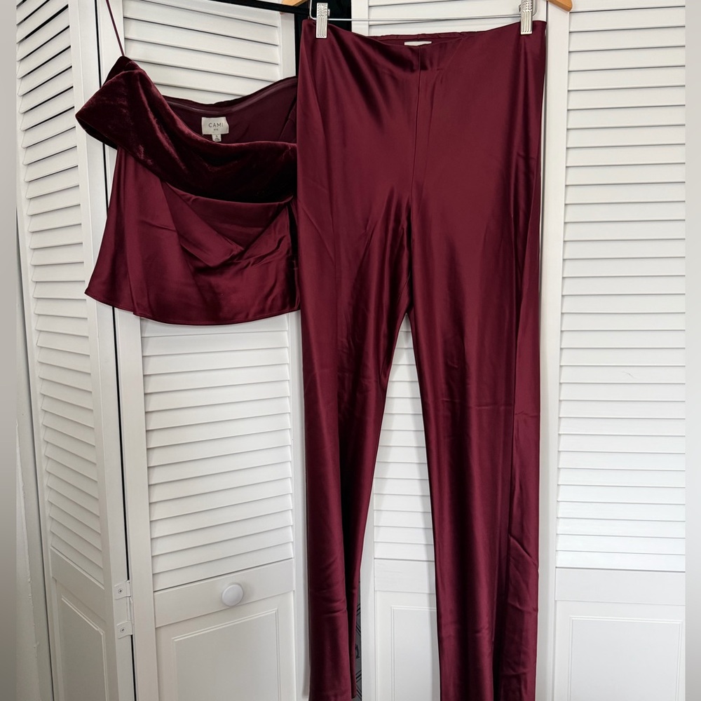 Cami NYC Wine Satin Pants with Velvet-Trim Cowl Top